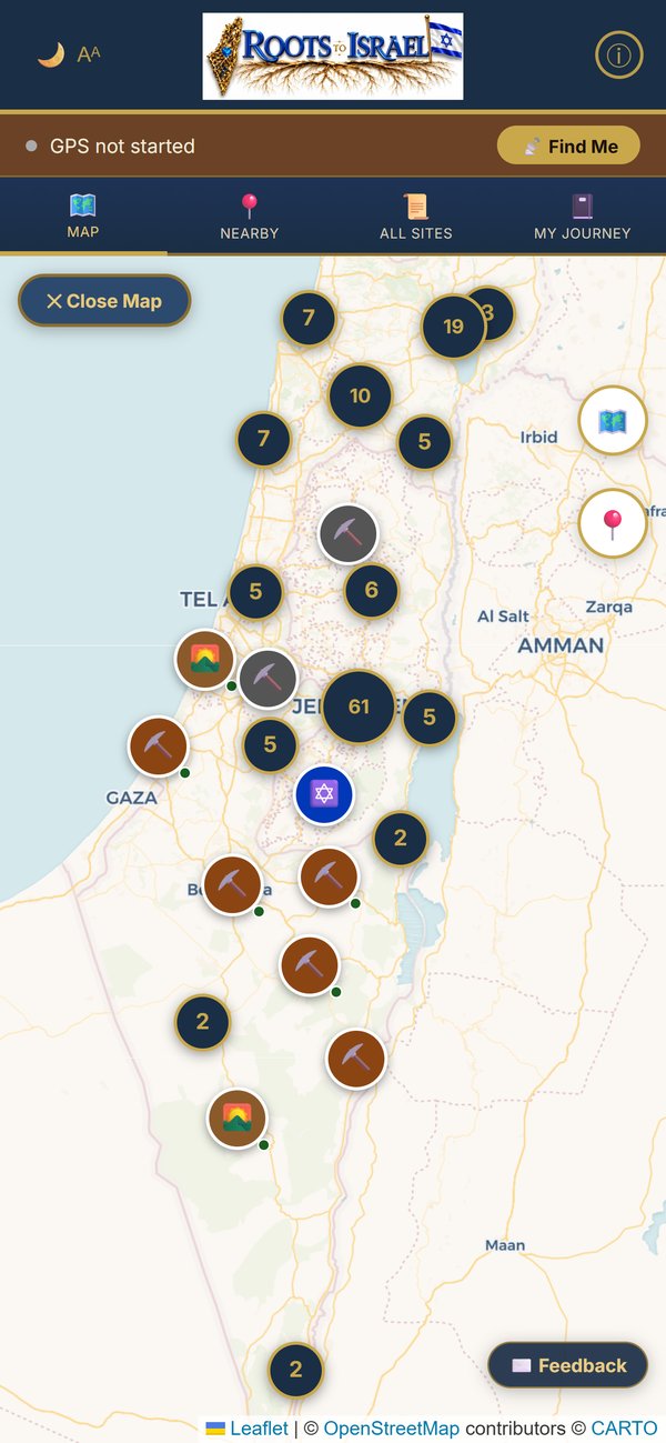 Roots to Israel app map showing 156 biblical sites across Israel